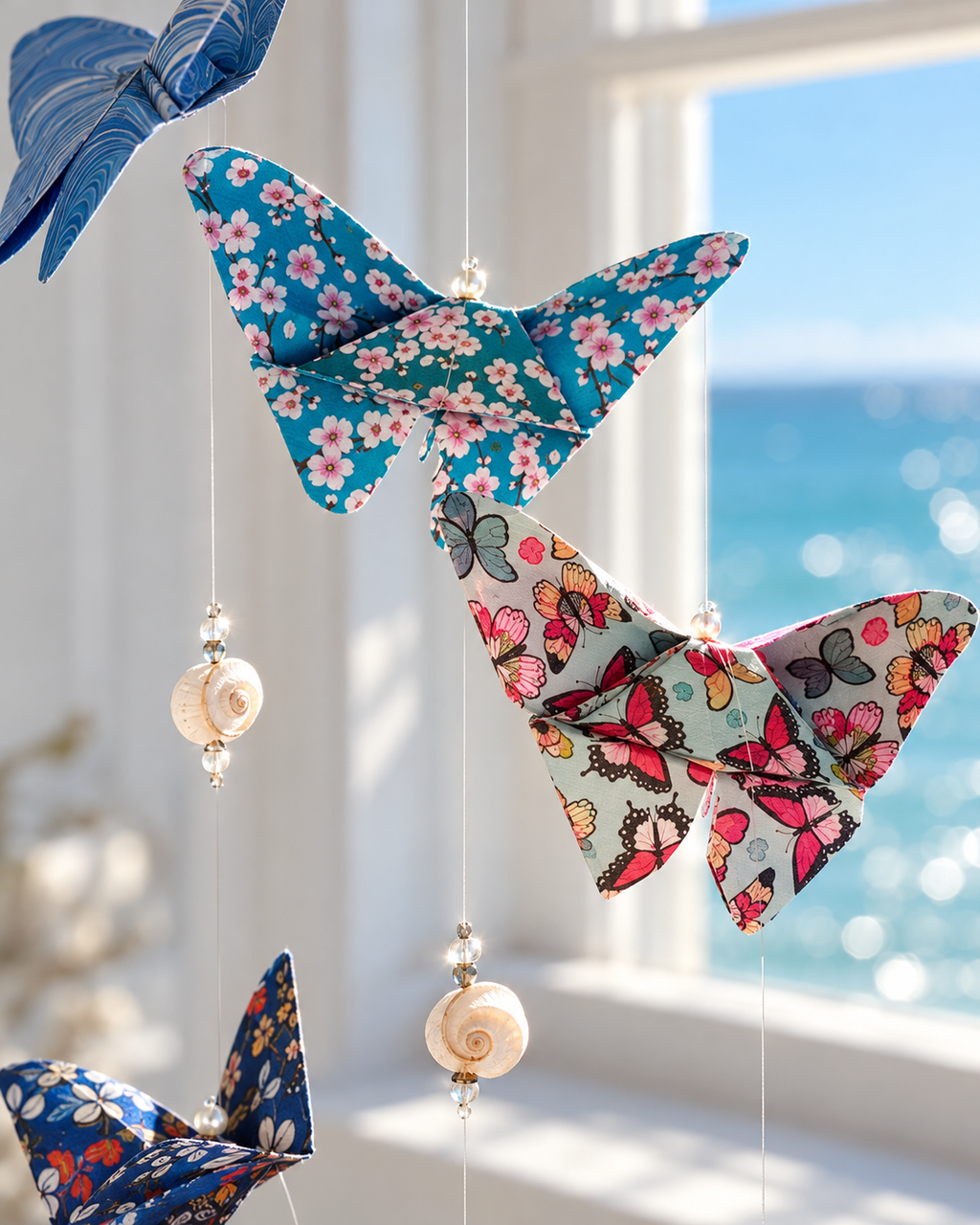Detail of Patience origami butterflies, shells and sparkling beads